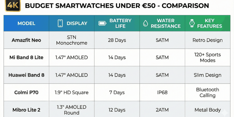 Smartwatch comparison chart under €50 Europe