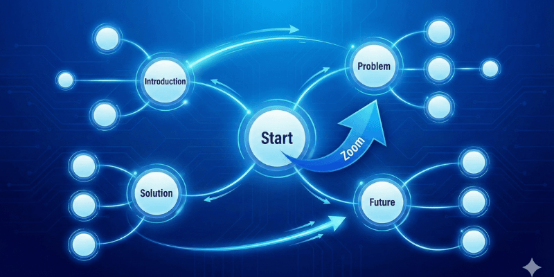 "Prezi zoom-flow presentation interface showing non-linear storytelling in 2025."