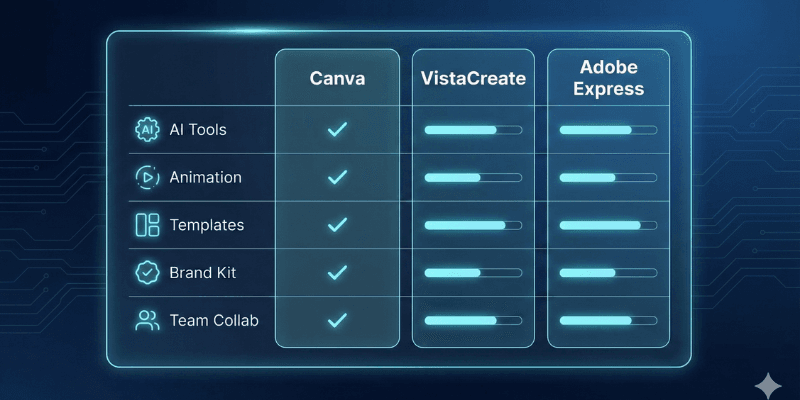 Comparison chart of Canva, VistaCreate, and Adobe Express for social media content design features