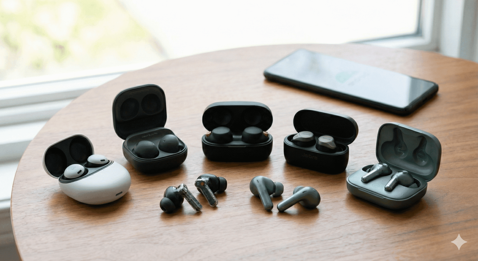 Wireless earbuds for Android smartphones displayed with charging cases – earbuds comparison photo