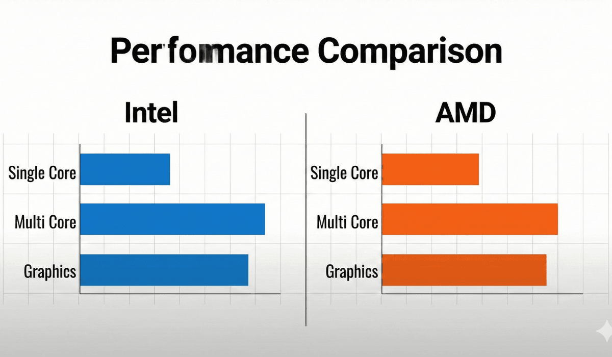 “Intel vs AMD laptop processor performance comparison chart showing single-core, multi-core এবং graphics benchmark differences.”