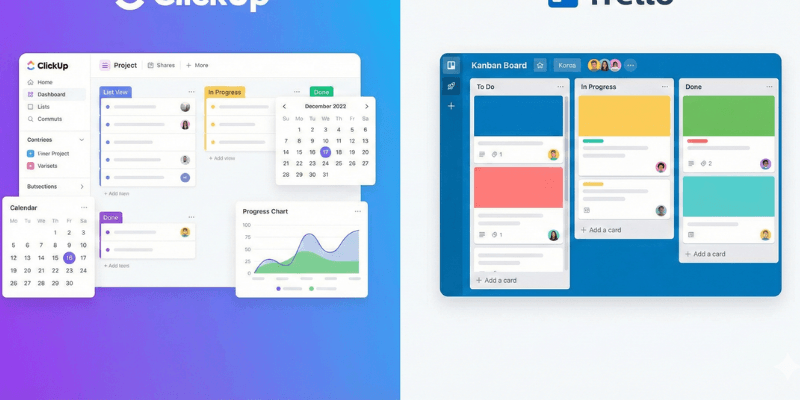 Overview comparison of ClickUp and Trello project management interfaces