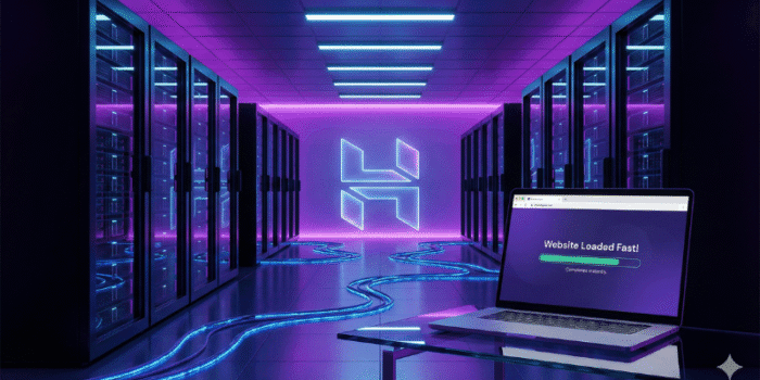 Hostinger review 2025 cover image showing modern server room with purple lighting