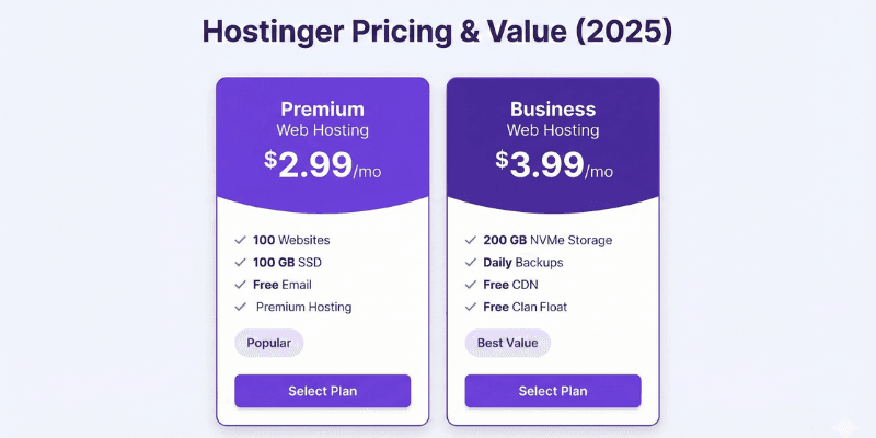 Hostinger pricing comparison graphic with beginner-friendly plan highlights